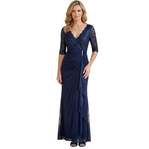 Betsy & Adam Gown Size‎ 4 Blue Maxi  Sequined V Neck Short Sleeve NEW